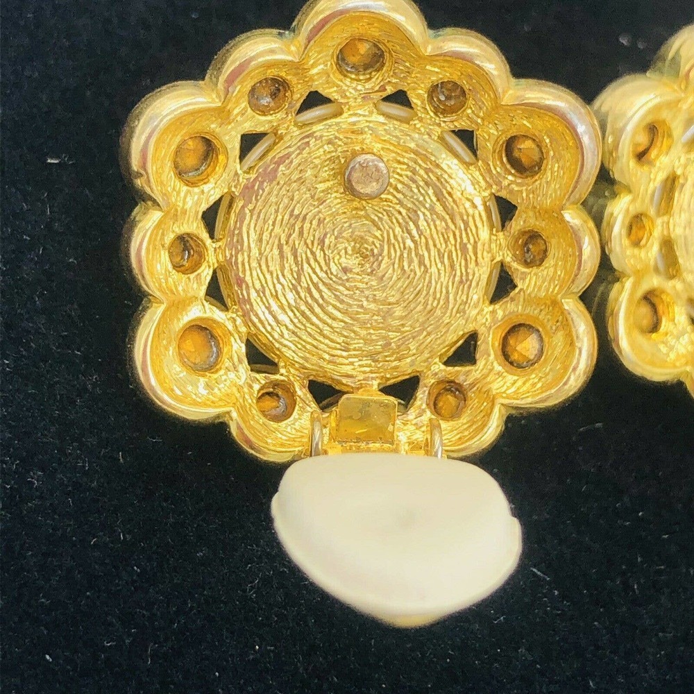 Gold Tone Crystal Cabochon Pearl Clip Earrings - Picture 10 of 10
